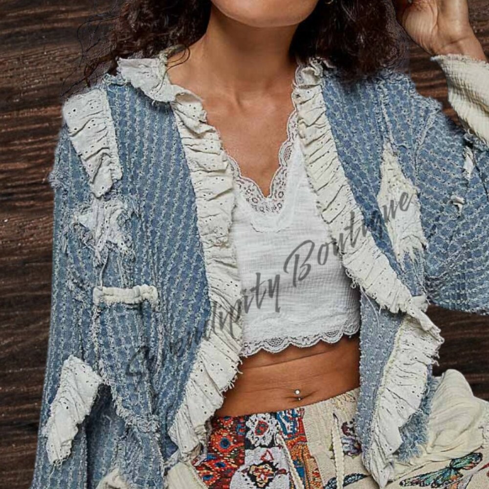 POL Hippie Bohemian Ruffles Denim Stars & Moon Patches Denim Jean Jacket - Picture 10 of 13
